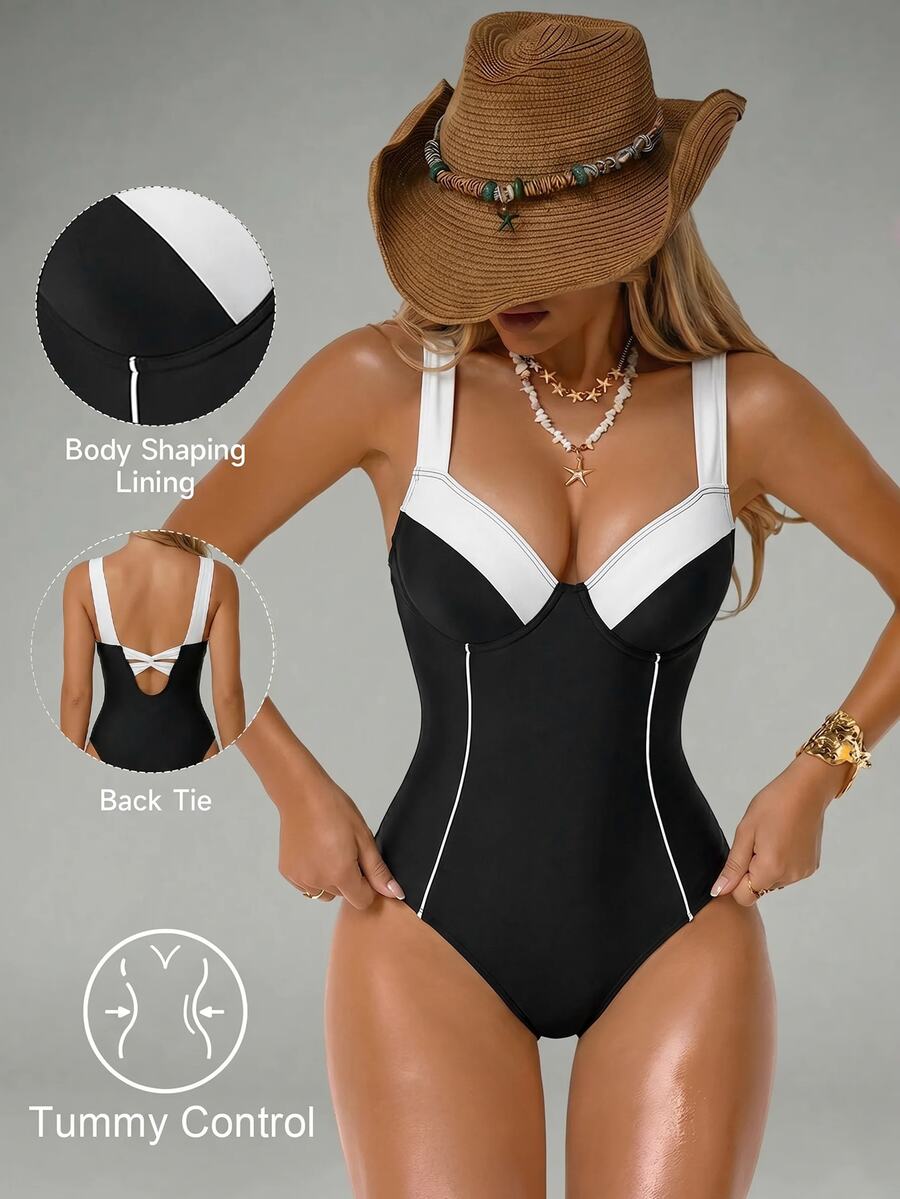 Shapewave Women's Colorblock One-Piece Strap Swimsuit For Vacation - Black - View 1