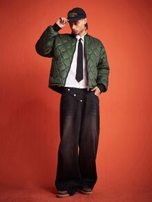 ROMWE MEN Street Life Men's Winter Baseball Collar Quilted Long Sleeve Zip-Up Jacket - Army Green - View 7