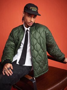 ROMWE MEN Street Life Men's Winter Baseball Collar Quilted Long Sleeve Zip-Up Jacket - Army Green - View 9