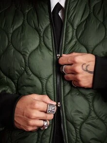 ROMWE MEN Street Life Men's Winter Baseball Collar Quilted Long Sleeve Zip-Up Jacket - Army Green - View 4