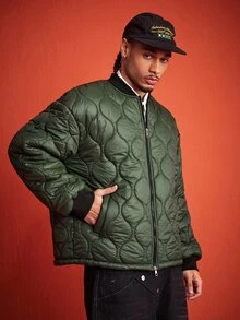 ROMWE MEN Street Life Men's Winter Baseball Collar Quilted Long Sleeve Zip-Up Jacket - Army Green - View 10
