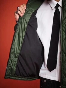ROMWE MEN Street Life Men's Winter Baseball Collar Quilted Long Sleeve Zip-Up Jacket - Army Green - View 12