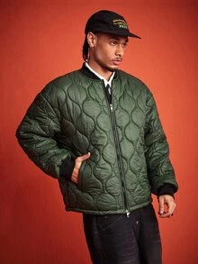ROMWE MEN Street Life Men's Winter Baseball Collar Quilted Long Sleeve Zip-Up Jacket - Army Green - View 11