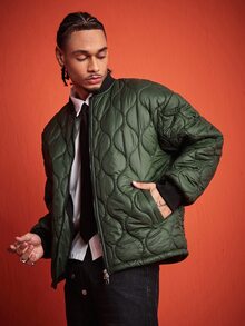 ROMWE MEN Street Life Men's Winter Baseball Collar Quilted Long Sleeve Zip-Up Jacket - Army Green - View 6