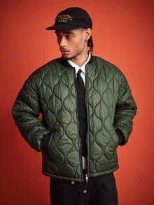 ROMWE MEN Street Life Men's Winter Baseball Collar Quilted Long Sleeve Zip-Up Jacket - Army Green - View 8