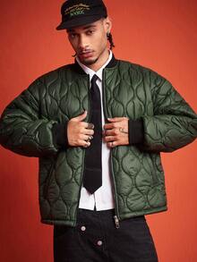 ROMWE MEN Street Life Men's Winter Baseball Collar Quilted Long Sleeve Zip-Up Jacket - Army Green - View 3