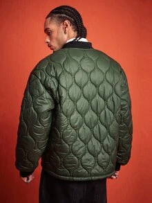 ROMWE MEN Street Life Men's Winter Baseball Collar Quilted Long Sleeve Zip-Up Jacket - Army Green - View 5