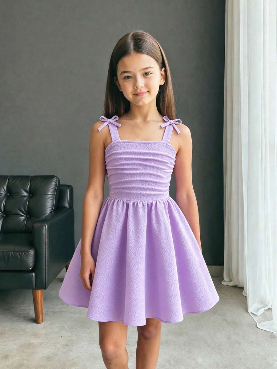 Elladie kids 年轻女孩优雅纯色 3D 蝴蝶结褶饰肩带太阳裙，适合外出、聚会、春夏季