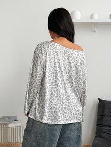 Coolane 女款大尺碼秋季優雅休閒街頭風正式度假 Y2K 大廓型不對稱領長袖灰色豹紋 T-shirt 白色 - 彩色 - 查看 8