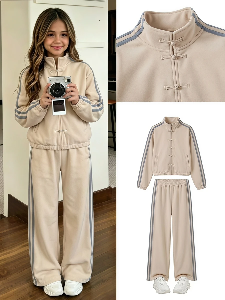 2pcs/Set Girls Big Tween Girl Jacket Set, Long Sleeve Knit Jacket, Beige Color Block Design School Matching Family Fall Athletic 80s Cowboy Sport - Apricot - View 1