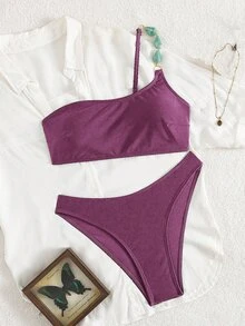 Swim Chiccia Women's Summer Beach Music Festival Brown Shiny Fabric Beaded One Shoulder Elegant Bikini Set - Purple - View 6