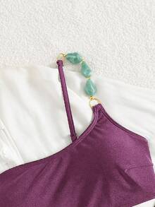 Swim Chiccia Women's Summer Beach Music Festival Brown Shiny Fabric Beaded One Shoulder Elegant Bikini Set - Purple - View 3