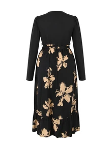 SHEIN Women's Elegant Romance Black Printed Long Sleeve Round Neck Maternity Dress Autumn Thanksgiving Photoshoot Maternity - Black - View 6