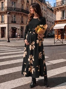 SHEIN Women's Elegant Romance Black Printed Long Sleeve Round Neck Maternity Dress Autumn Thanksgiving Photoshoot Maternity - Black - View 2