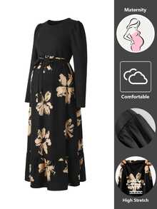 SHEIN Women's Elegant Romance Black Printed Long Sleeve Round Neck Maternity Dress Autumn Thanksgiving Photoshoot Maternity - Black - View 5