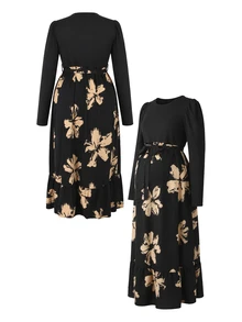SHEIN Women's Elegant Romance Black Printed Long Sleeve Round Neck Maternity Dress Autumn Thanksgiving Photoshoot Maternity - Black - View 7