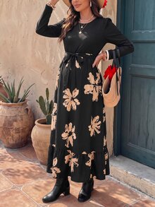 SHEIN Women's Elegant Romance Black Printed Long Sleeve Round Neck Maternity Dress Autumn Thanksgiving Photoshoot Maternity - Black - View 3