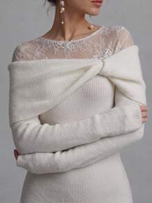 Balvessa Women's New Ribbed Shawl Collar Twisted Shawl Collar Lace Patchwork Slim Fit Long Sleeve Draped Long Mermaid Sweater Dress - Multicolor - View 1