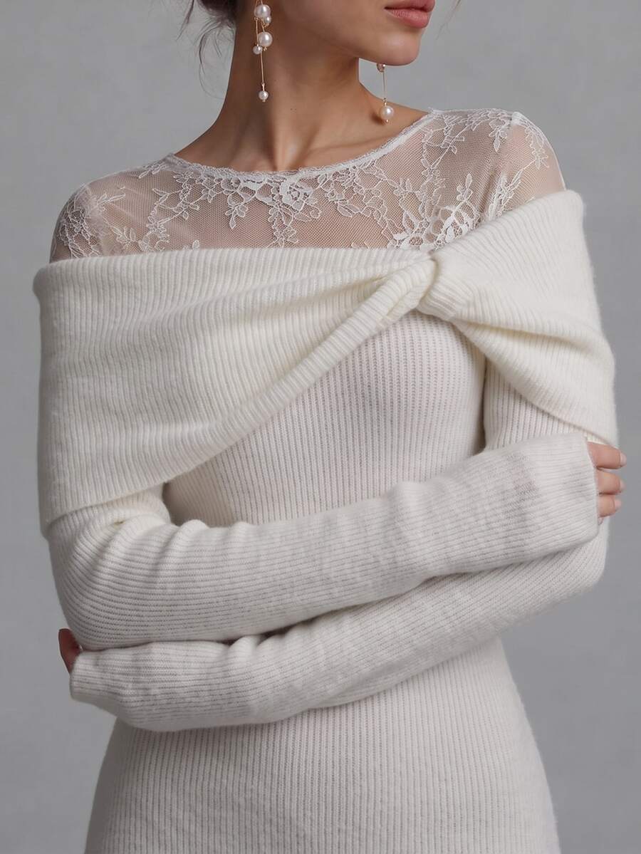 Balvessa Women's New Ribbed Shawl Collar Twisted Shawl Collar Lace Patchwork Slim Fit Long Sleeve Draped Long Mermaid Sweater Dress - Multicolor - View 1
