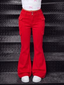 SHEIN Girlism Tween Girls' Red Denim Stretch Skinny Flare Pants - Red - View 5
