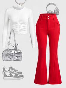 SHEIN Girlism Tween Girls' Red Denim Stretch Skinny Flare Pants - Red - View 3
