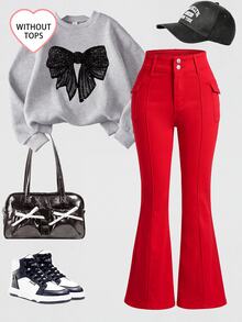 SHEIN Girlism Tween Girls' Red Denim Stretch Skinny Flare Pants - Red - View 2