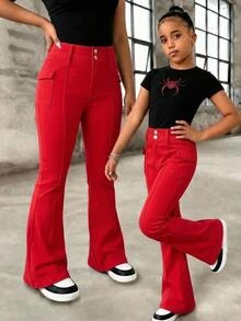 SHEIN Girlism Tween Girls' Red Denim Stretch Skinny Flare Pants - Red - View 1