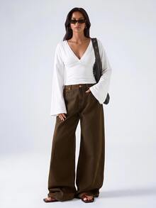 LYSMO 95%棉 復古70年代/2000年代女款深V領條紋喇叭袖修身上衣，適合夜生活、派對、早午餐等場合，棕色與白色秋季風格 - 彩色 - 查看 7