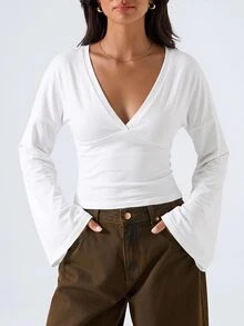 LYSMO 95%棉 復古70年代/2000年代女款深V領條紋喇叭袖修身上衣，適合夜生活、派對、早午餐等場合，棕色與白色秋季風格 - 彩色 - 查看 6