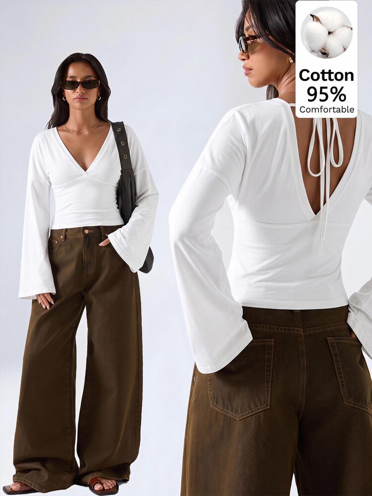 LYSMO 95% Cotton Vintage 70s/2000s Women's Deep V-Neck Striped Bell Sleeve Fitted Top, Suitable For Night Out, Party, Brunch And Other Occasions, Brown And White Autumn Style - Multicolor - View 1