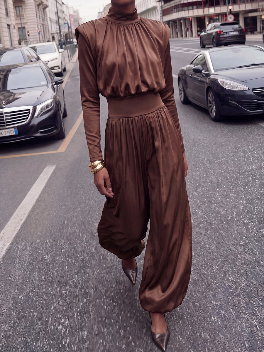 Maija Mono de pierna ancha con fruncido sólido - Café integral - Ver 1