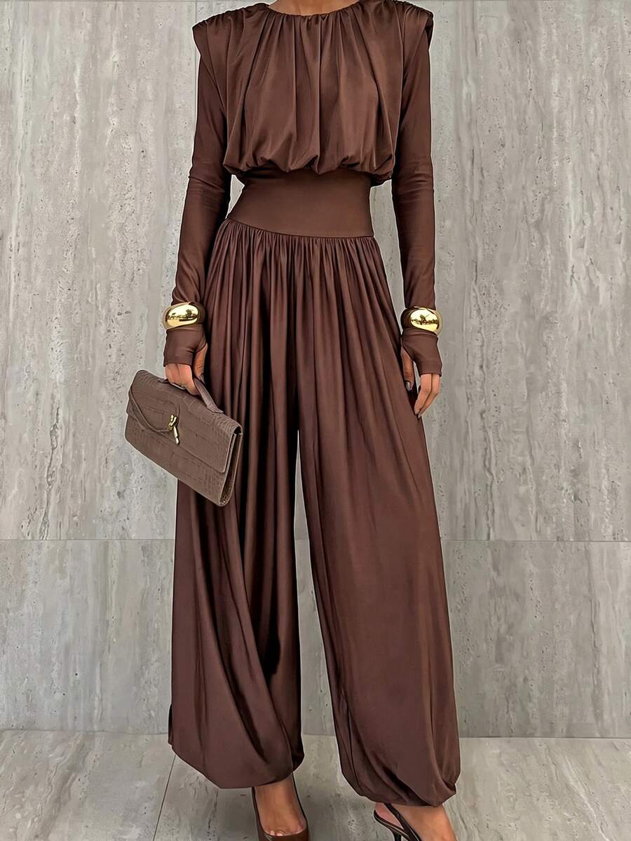Maija Solid Ruched Wide Leg Jumpsuit - Coffee Brown - View 1