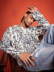 ROMWE MEN Street Life Men's Leopard Print Casual Versatile Daily Wear Long Sleeve Sweater - Multicolor - View 1