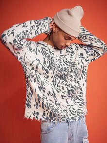 ROMWE MEN Street Life Men's Leopard Print Casual Versatile Daily Wear Long Sleeve Sweater - Multicolor - View 7