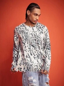 ROMWE MEN Street Life Men's Leopard Print Casual Versatile Daily Wear Long Sleeve Sweater - Multicolor - View 8
