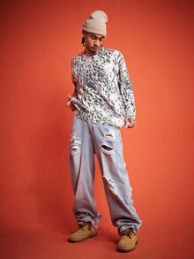 ROMWE MEN Street Life Men's Leopard Print Casual Versatile Daily Wear Long Sleeve Sweater - Multicolor - View 5