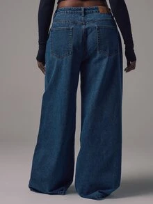 MUSERA Plus Size Mid Waist Wide Leg Mid Blue Wash Silver Button Detail Denim Jeans Mid Rise Casual Night Out Back To School Office Work Date Night Core Denim - Blue - View 5