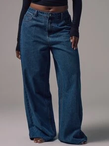 MUSERA Plus Size Mid Waist Wide Leg Mid Blue Wash Silver Button Detail Denim Jeans Mid Rise Casual Night Out Back To School Office Work Date Night Core Denim - Blue - View 3