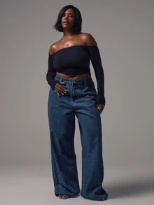 MUSERA Plus Size Mid Waist Wide Leg Mid Blue Wash Silver Button Detail Denim Jeans Mid Rise Casual Night Out Back To School Office Work Date Night Core Denim - Blue - View 1