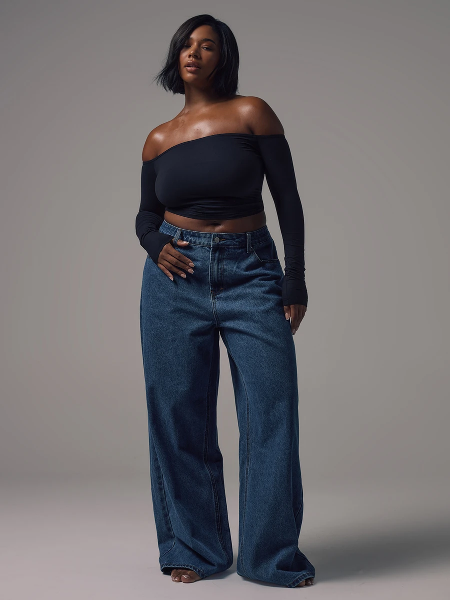 MUSERA Plus Size Mid Waist Wide Leg Mid Blue Wash Silver Button Detail Denim Jeans Mid Rise Casual Night Out Back To School Office Work Date Night Core Denim - Blue - View 1