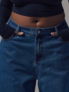 MUSERA Plus Size Mid Waist Wide Leg Mid Blue Wash Silver Button Detail Denim Jeans Mid Rise Casual Night Out Back To School Office Work Date Night Core Denim - Blue - View 2