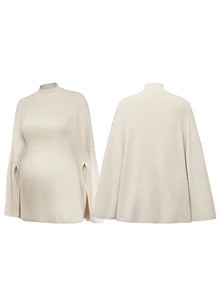 Momance Maternity Sweater Loose Fit Mock Neck Cape Design Elegant Date Solid Color Knit Pullover Cardigan Versatile Everyday - Khaki - View 4
