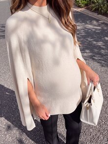Momance Maternity Sweater Loose Fit Mock Neck Cape Design Elegant Date Solid Color Knit Pullover Cardigan Versatile Everyday - Khaki - View 9