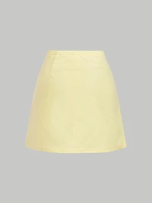 SHEIN MOD Women Solid Round Neck Gigot Sleeve Button Front Short Sleeve Yellow Sweet Cute Elegant Two Pieces Mini Skirt Set Vacation Spring Autumn Winter - Pale Yellow - View 9