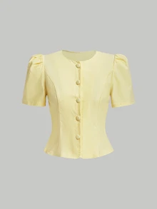 SHEIN MOD Women Solid Round Neck Gigot Sleeve Button Front Short Sleeve Yellow Sweet Cute Elegant Two Pieces Mini Skirt Set Vacation Spring Autumn Winter - Pale Yellow - View 5