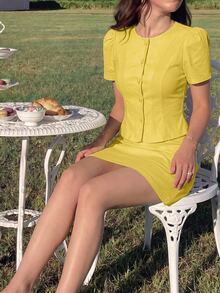 SHEIN MOD Women Solid Round Neck Gigot Sleeve Button Front Short Sleeve Yellow Sweet Cute Elegant Two Pieces Mini Skirt Set Vacation Spring Autumn Winter - Pale Yellow - View 13