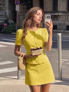 SHEIN MOD Women Solid Round Neck Gigot Sleeve Button Front Short Sleeve Yellow Sweet Cute Elegant Two Pieces Mini Skirt Set Vacation Spring Autumn Winter - Pale Yellow - View 1