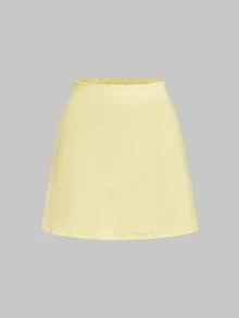 SHEIN MOD Women Solid Round Neck Gigot Sleeve Button Front Short Sleeve Yellow Sweet Cute Elegant Two Pieces Mini Skirt Set Vacation Spring Autumn Winter - Pale Yellow - View 8