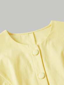 SHEIN MOD Women Solid Round Neck Gigot Sleeve Button Front Short Sleeve Yellow Sweet Cute Elegant Two Pieces Mini Skirt Set Vacation Spring Autumn Winter - Pale Yellow - View 3