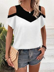 SHEIN LUNE Color Block Open Shoulder T-Shirt Graphic Tees Women Tops - Multicolor - View 5